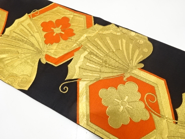 JAPANESE KIMONO / ANTIQUE FUKURO OBI / WOVEN FLORAL KIKKO & BUTTERFLY